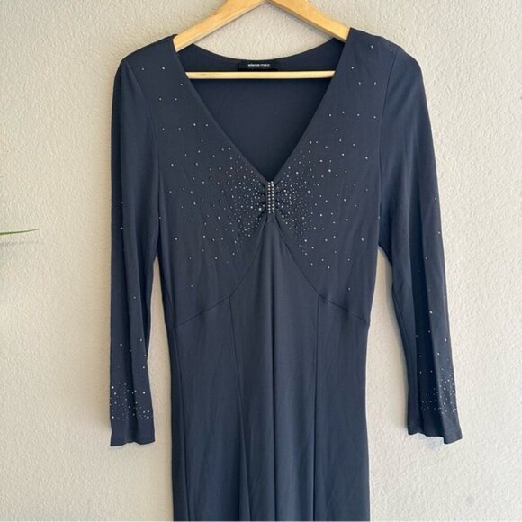 Elena Mirò Gray Studded Midi Dress Size 14 Evening Glam Long Sleeve Gown - Picture 2 of 12